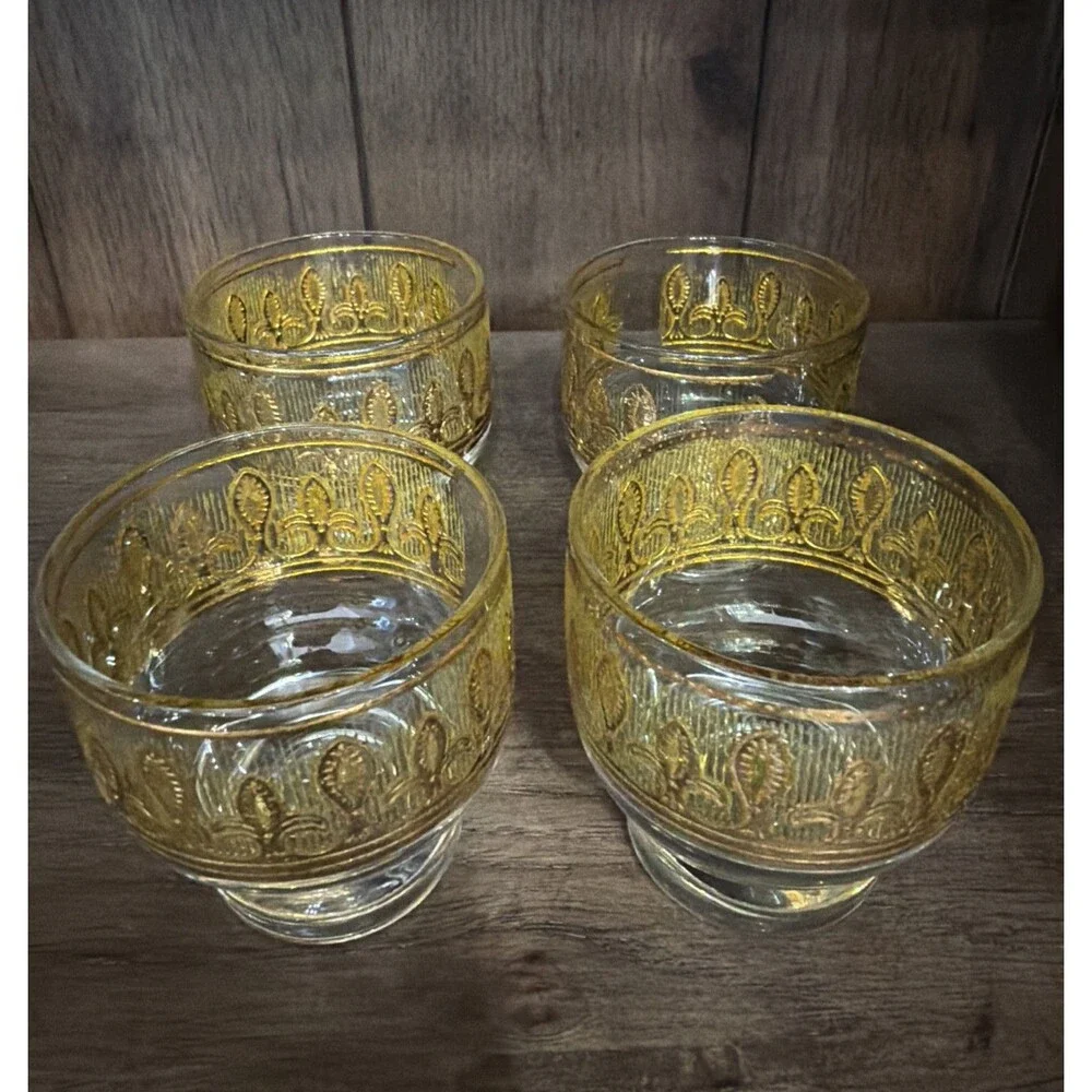 MCM Culver Fleur De Lis Lowball Glasses Set of 4 22KG Gold Citrine Yellow 1960s